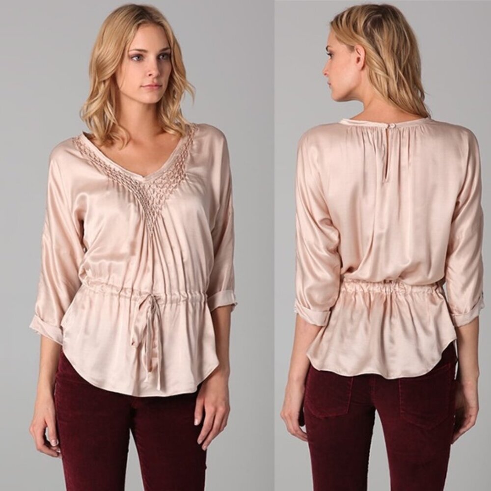 Rebecca Taylor Light Pink Satin Silk Blend Beaded Tie Front Top‎